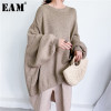 [EAM] Oversized Gray Knitting Sweater Loose Fit Round Neck Long Sleeve Women Pullovers New Fashion