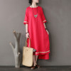 Original national style women's dress stitching embroidery tear edge linen dress loose sleeve high -