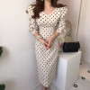 French Style Spring Autumn Women Casual Polka Dot Print A-Line Party Corduroy Dresses Eleagnt