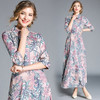 2021 Summer Short Sleeve Fashion Office Lady Tunic Slim Party Long Maxi Dress Purple Vintage Prints