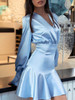 Long Sleeve Vintage Elegant Lady Shiny Silk Mini Dress