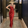 Backless Elegant Lady Red Silk Shiny Satin Slip Dress