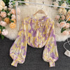 V-Neck Puff Sleeve Loose Pleated Slimming Tie-Dye Chiffon Blouse