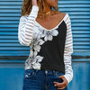Spring Autumn New V-Neck Blouse Shirts Vintage Floral Print Patchwork Pullover Tops Fashion Striped