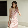 [EAM] Women Pink Color Asymmetrical Wrinkled Sling Dress New V-Neck Sleeveless Loose Fit Fashion