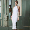 Sleeveless Pearls Celebrity Evening Runway Party Midi Dress For Women