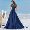 Elegant Navy Blue Evening Dresses 2021 A-Line O-Neck Cap Sleeve Lace Appliques Satin Party Prom Gown