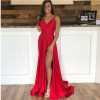 Simple Red V-Neck Prom Dresses 2021 Sexy Side Split Spaghetti Straps Satin Sleeveless Long Party