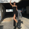 WannaThis Midi Dress Women Summer Sleeveless Party Dresses Lace up Strap Hight Side Split Black Sexy