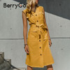 BerryGo Lace-up sleeveless button midi dress Retro high waist knee length causal dress V-neck white