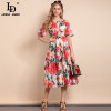 LD LINDA DELLA 2021 Summer Fashion Designer Cotton Dress Women Slase neck Elastic waist Rose Floral