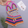 Crochet Bikini Sets Multi Color Knitted Rainbow Striped Off Shoulder Top + Bottom Bikini Beachwear