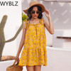 WYBLZ Summer Ladies Loose Halter Print Dress Women Casual Sleeveless Sweet Ruffles Above Knee Mini