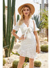 WYBLZ  Elegant Summer Women Dresses V Neck Bandage Cotton Bow Robe Hollow Out Ruffel Short Sleeve