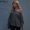 WYBLZ Sexy Raglan Sleeve Skew Collar Sweater Solid Color Plus Size Long Sleeve Casual Off Shoulder