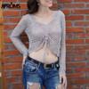 Aproms White Lace Knitted Ruched T-shirt Women Summer Casual V-neck Hollow out Tshirt Female Bikini