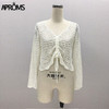 Aproms White Lace Knitted Ruched T-shirt Women Summer Casual V-neck Hollow out Tshirt Female Bikini