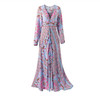 TEELYNN Long Sleeve Boho Beach Maxi Dresses For Women Vintage Blue Floral Print V-neck Drawstring