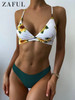 ZAFUL Sunflower Print Lace-Up Crisscross Bikini Set High Cut Sexy Swimsuit Floral Summer Swimwear