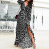 ZANZEA Women Sexy Leopard Print Dress Long Maxi Vestidos Ladies Asymmetrical High Split Ruffles