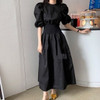 SHENGPALLAE Korean Chic Style Elegant Women's Dress O Neck Puff Short Sleeve High Waist Tunic Midi