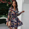 Spring New Print Dress Women Casual Full Sleeve Lace Up High Waist Floral Dress For Women 2021