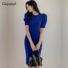 Blue Office Lady Dress 2021 Spring  High Waist Pencil Fashion Simple Puff SleeveTemperament Women