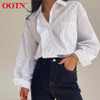 OOTN White Striped Ladies Shirt Office Work Turn Down Collar Pocket Loose Casual Top Long Sleeve