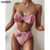 INGAGA High Waist Bikinis 2021 Swimsuits Bandeau Swimwear Women Shiny Bow Biquini Solid Strapless