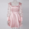 Hollow Out Square Neck Puff Ballon Sleeves Patchwork Mesh Night Club Mini Dress