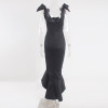 Bow Shoulder Backless Black Elegant Ruffled Fishtail Style Midi Summer Dress