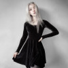Gothic Dark Frill Lace Trim Velour Black Autumn Dress