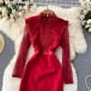 Self Portrait Women Red Lace Embroidery Patchwork Runway Dress