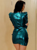 Deep V-Neck Reflective Green Bubble Long Sleeves Elastic Knit Material Mini Slim Dress