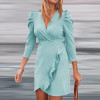 Women Puff Long Sleeve Solid Ribbed Knitted Dress