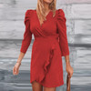 Women Puff Long Sleeve Solid Ribbed Knitted Dress