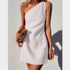 One-shoulder Asymmetric Diagonal Collar Cotton and Linen Casual Loose Comfortable Mini Dress