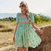 Stitching Strap Mid-length Floral Square Collar A-line Dress