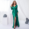 Stretch Satin Long Sleeve Ruched Deep V Neck Evening Party Dress