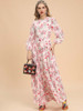 Lantern sleeve Belted Pleated Flower print Holiday Pink Elegant Long Dress