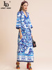  Autumn Blue and White Porcelain Single-breasted Belted Elegant Long Dress