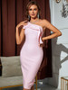 One Shoulder Ruffles Pink Split Midi Bodycon Bandage Dress 