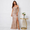 Off Shoulder Gold Sequin Evening Long Prom Dress