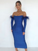 Feather Bandage Dress Women Blue Long Sleeve Bodycon Dress 