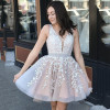 Lace Appliques Sleeveless V Neck Tulle Homecoming Dress 
