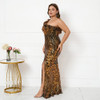 Plus Size Slash Neck Ruffles Gold Sequin Evening Dress 