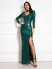 Hole Out Long Sleeve Stretchy Sequin Maxi Dress 