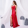 Red V Neck Sleeveless Long Prom Long Gown Split Front Pleated A Line Maxi Dress.