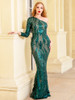 O Neck One Shoulder Long Sleeve Green Stretch Geometric Sequin Party Dress 