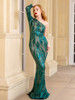 O Neck One Shoulder Long Sleeve Green Stretch Geometric Sequin Party Dress 